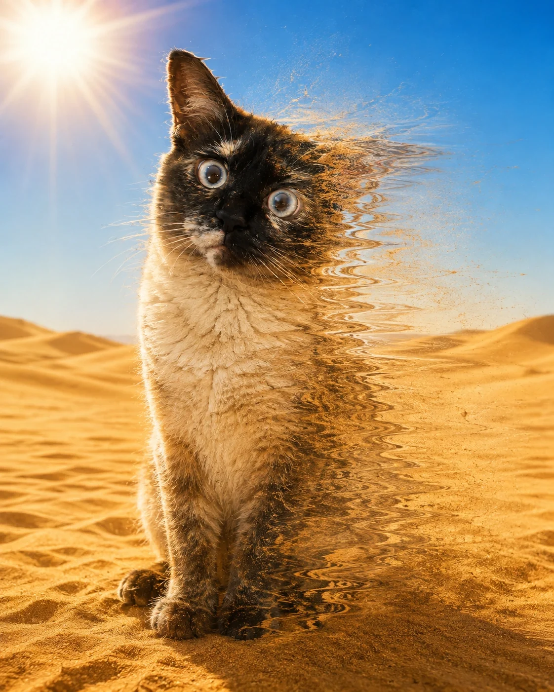 Half of him solid, half breaking into heat ripples and sand