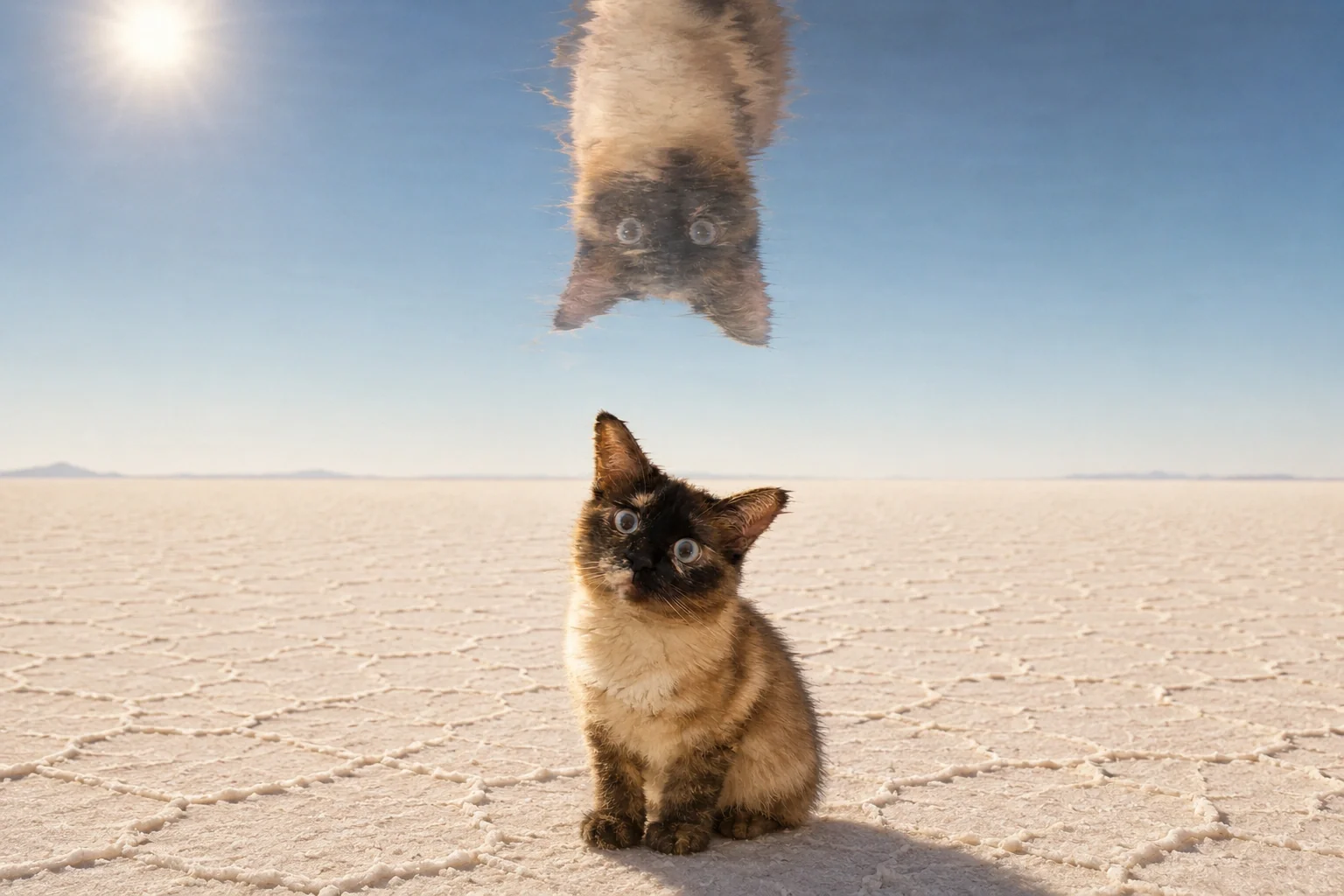 Him on the salt flat with an inverted copy of himself floating above the horizon