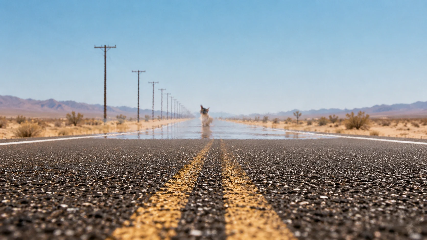 Fake water pooling on a desert highway with him sitting in it